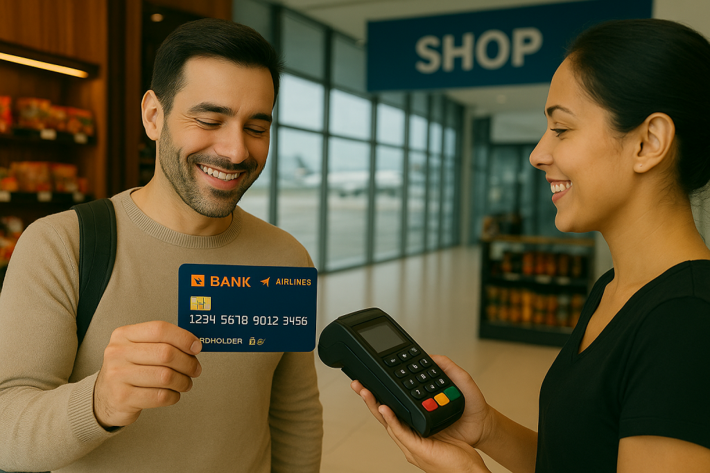 Man using his Co-branded Creditcard to pay at the airport