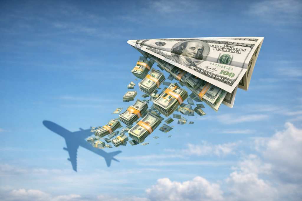 Paper airplane made of dollar bills flying in the sky