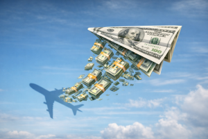 Paper airplane made of dollar bills flying in the sky