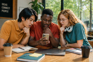 Three people collaboratively looking at content on a smartphone, sharing Social Dynamics.