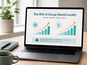 Laptop display shows ROI graphs for Group Based Loyalty programs. Visualizing financial impact, customer engagement.