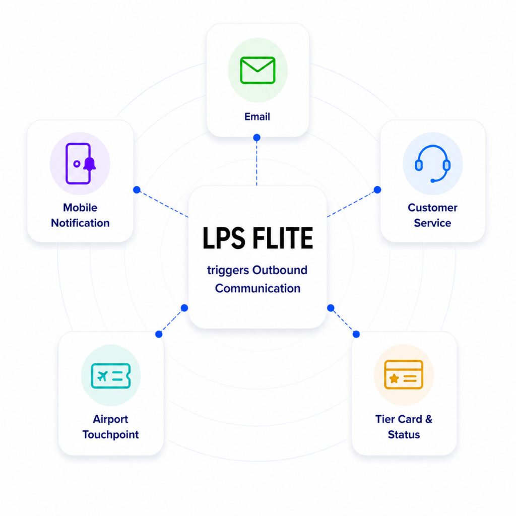 LPS FLITE diagram showing outbound communication triggers to Email, Mobile Notification, Customer Service, Airport Touchpoint and Tier Card Status.