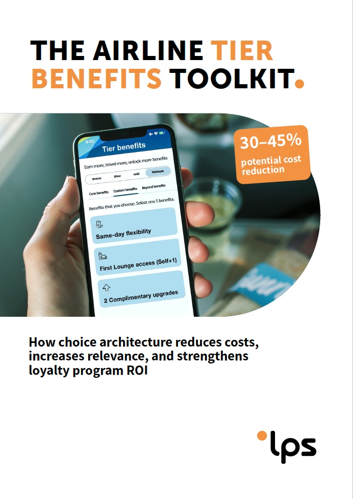 Airline Tier Benefits Toolkit showing a mobile interface for optimizing loyalty program benefits and reducing costs by 30–45%.