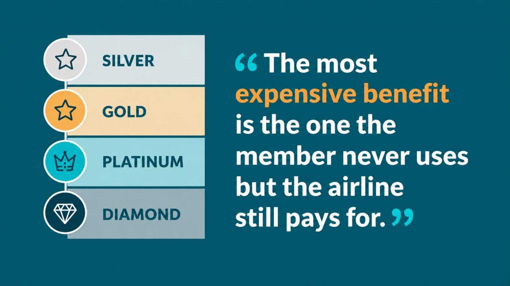 Graphic showing Silver, Gold, Platinum and Diamond loyalty tiers illustrating how unused member benefits increase costs in tiered loyalty programs.