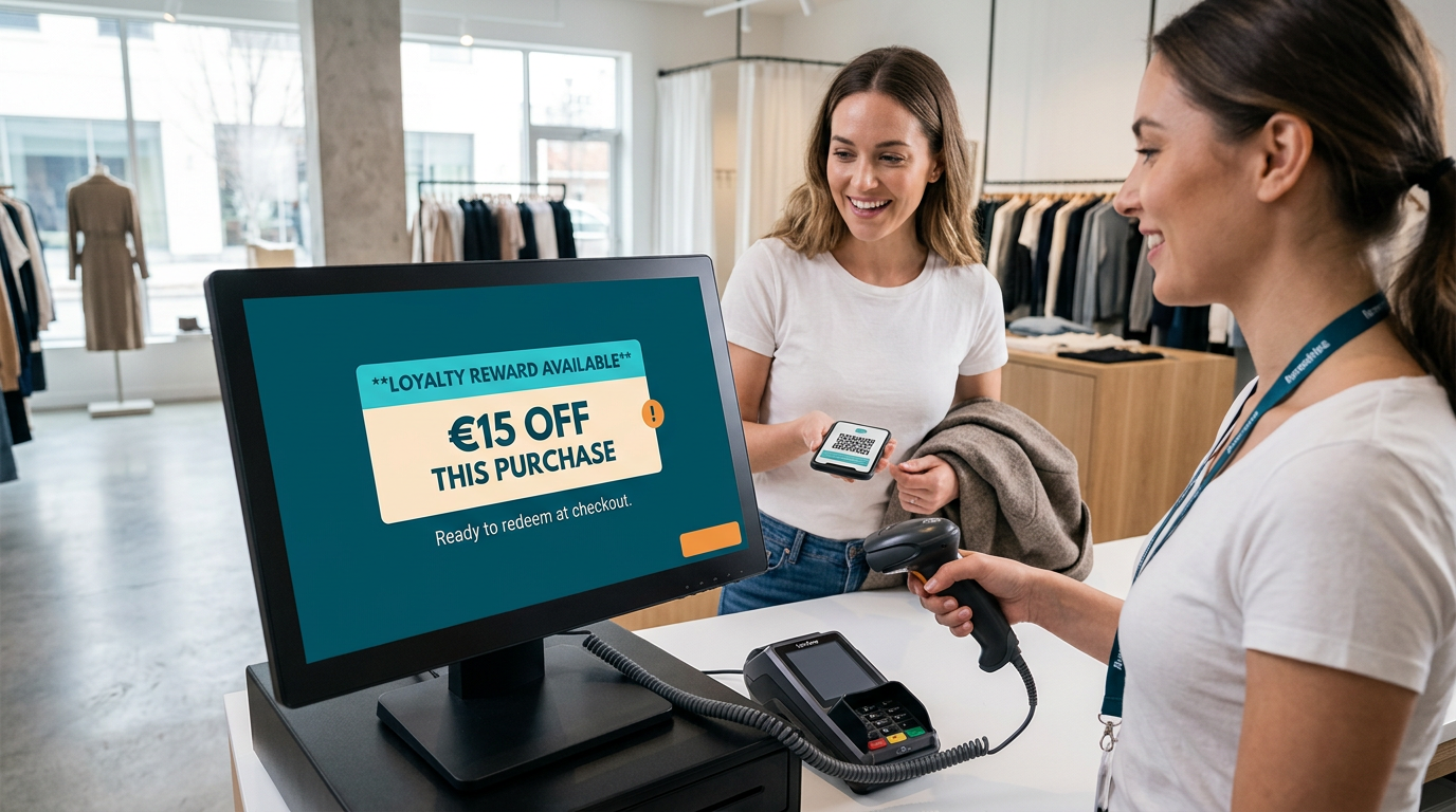 A customer presents a QR code to redeem a €15 loyalty reward at checkout.